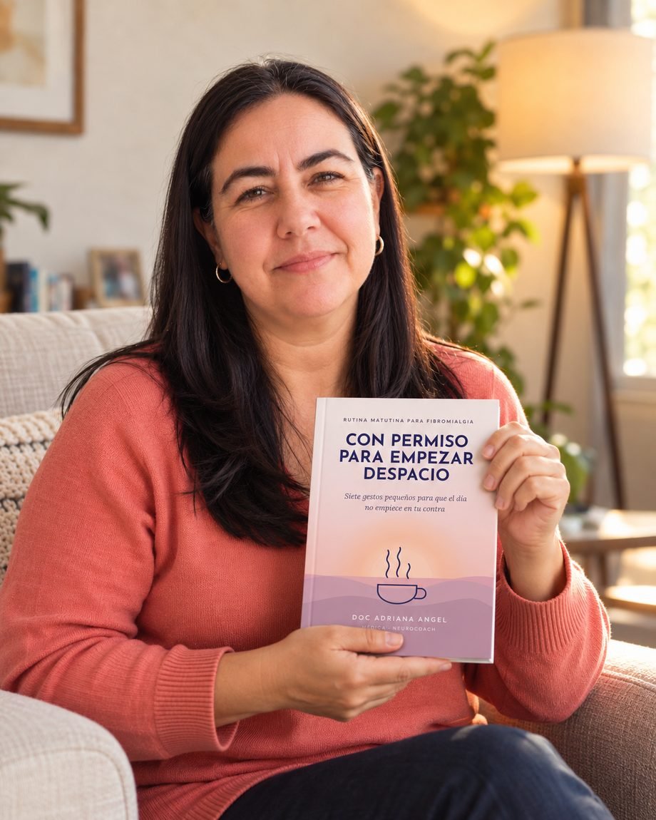 Doc Adriana Angel sentada en su sillón, sosteniendo la guía Con permiso para empezar despacio, rutina matutina para fibromialgia