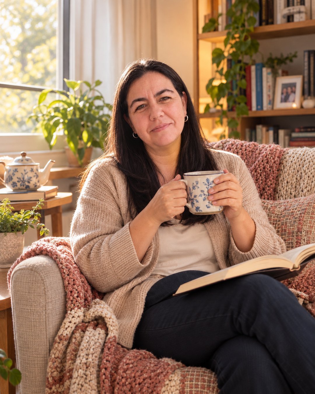 Doc Adriana Angel sentada en su sillón por la mañana, con una taza entre las manos y un libro abierto sobre las piernas