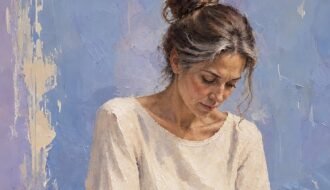 Ilustración de una mujer con fibromialgia que mira hacia abajo, en silencio