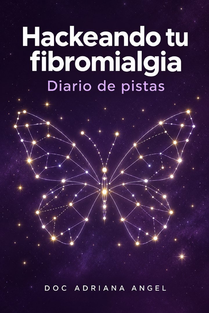 Portada del libro Hackeando tu fibromialgia, Diario de pistas, de Doc Adriana Angel: una mariposa formada por estrellas unidas sobre un cielo morado